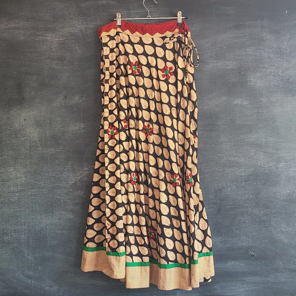 Handmade Printed Midi Circle Skirt with Floral Appliques